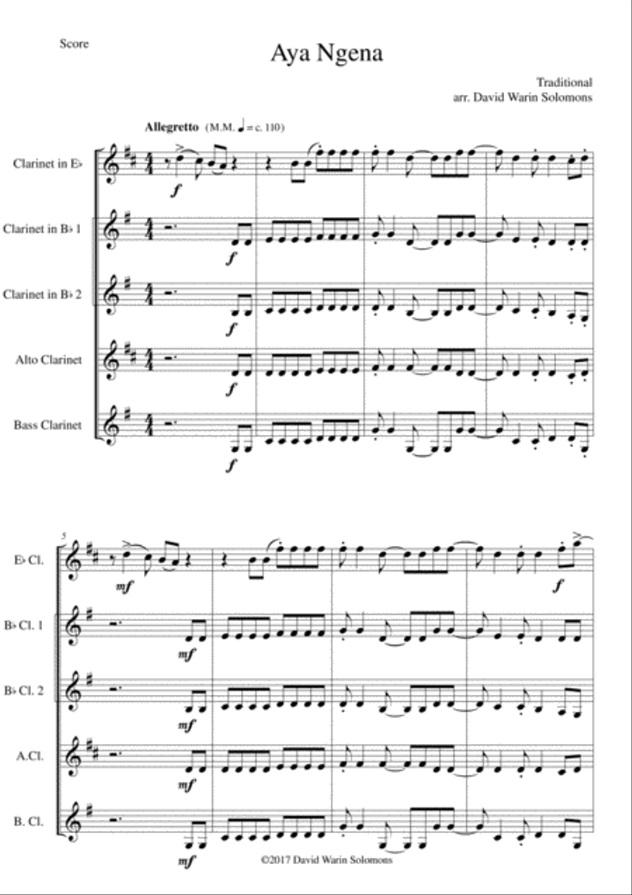 Aya Ngena for clarinet quintet (including E flats) Clarinet Quintet scores gallery preview page 1