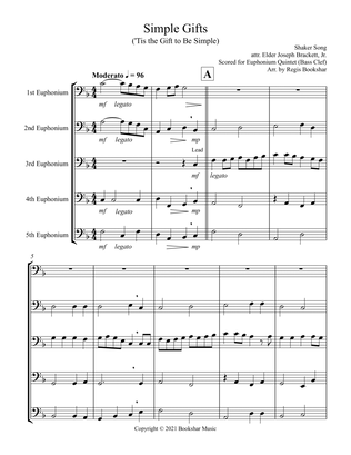 Simple Gifts ('Tis the Gift to Be Simple) (F) (Euphonium Quintet - Bass Clef)