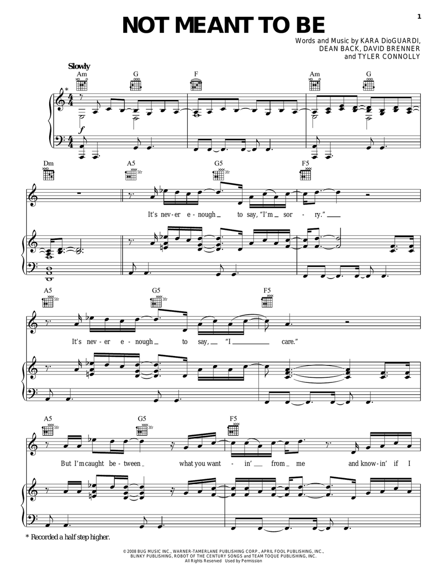 Not Meant To Be Piano, Vocal, Guitar scores gallery preview page 1