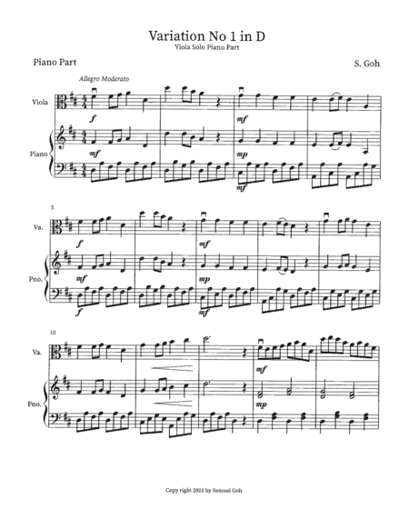 Easy Viola Solo: Variation No 1 in D Major with Piano accompaniment image number null