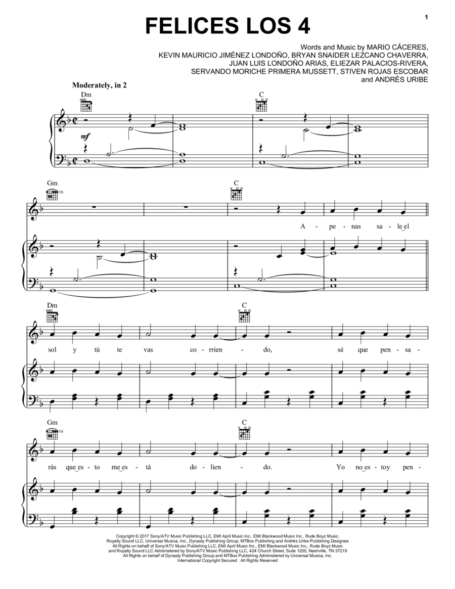 Felices Los 4 Piano, Vocal, Guitar scores gallery preview page 1