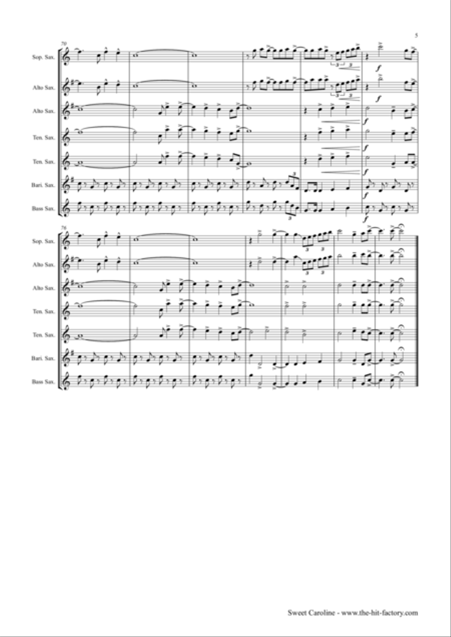 Sweet Caroline Saxophone Quintet scores gallery preview page 5