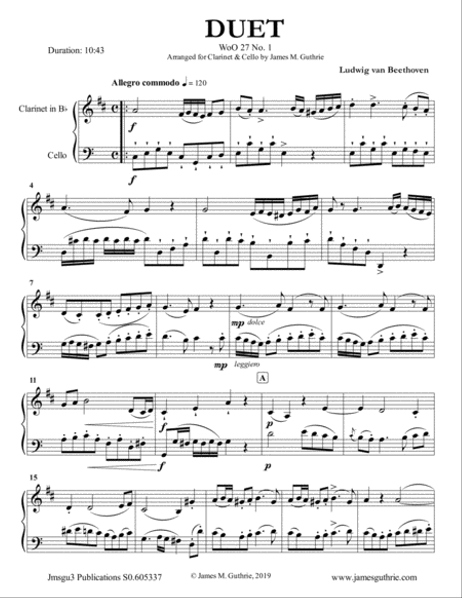 Beethoven: Duet WoO 27 No. 1 for Clarinet & Cello Clarinet scores gallery preview page 1