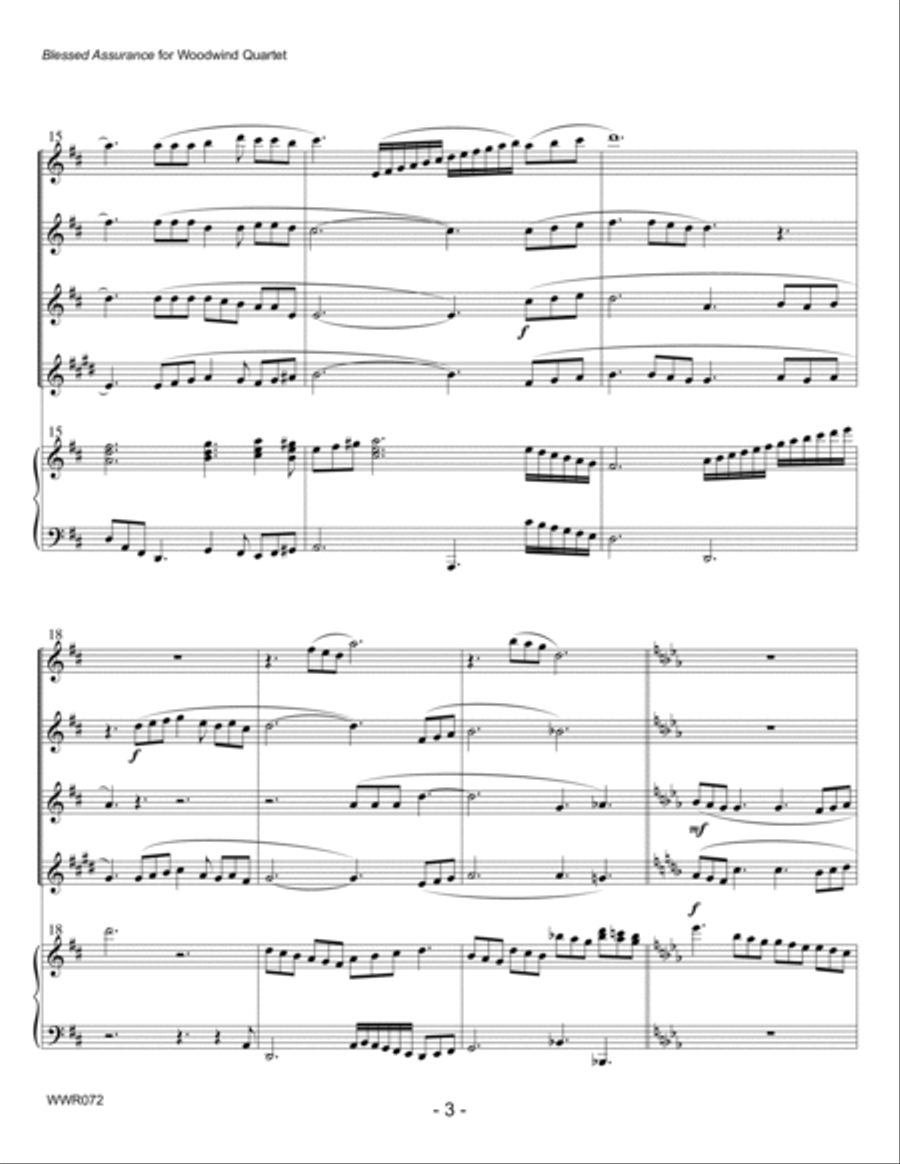 BLESSED ASSURANCE - 2 Flutes, Oboe & Clarinet with optional Piano accompaniment Woodwind Quartet scores gallery preview page 3