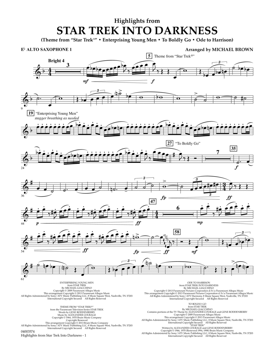 Highlights from Star Trek Into Darkness - Eb Alto Saxophone 1 Concert Band scores gallery preview page 1