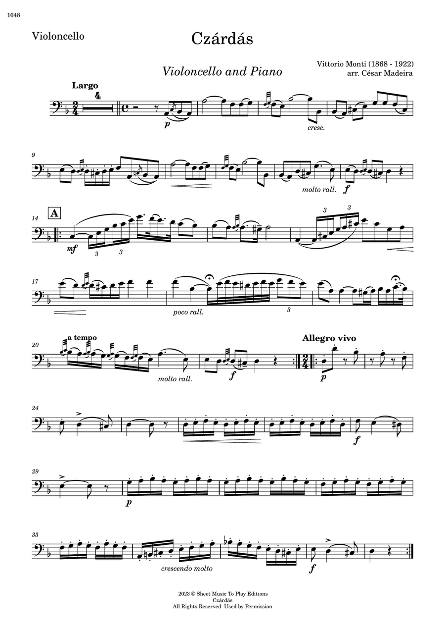 Czardas - Cello and Piano (Individual Parts)