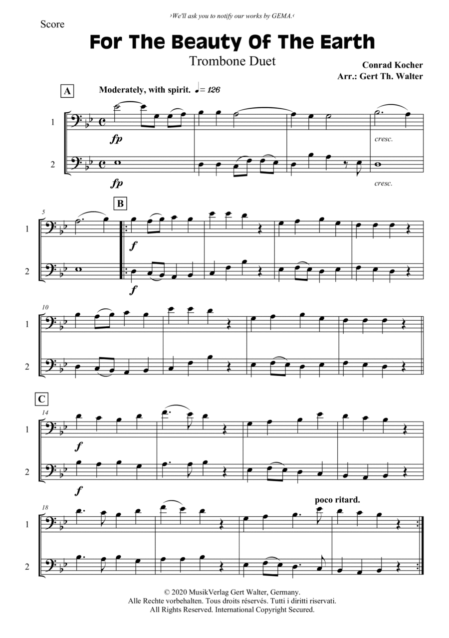 For The Beauty Of The Earth Trombone Duet scores gallery preview page 1