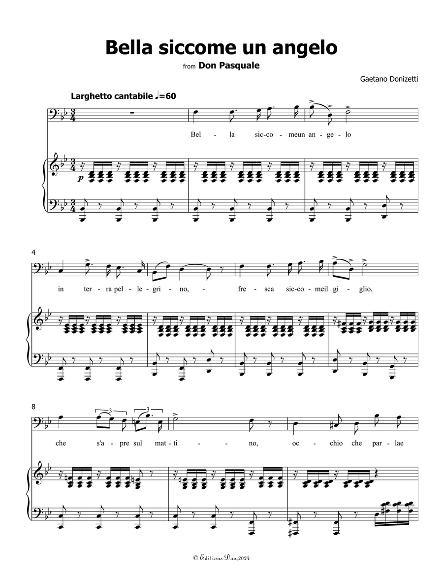 Bella siccome un angelo, by Donizetti, in B flat Major Piano, Vocal scores gallery preview page 3