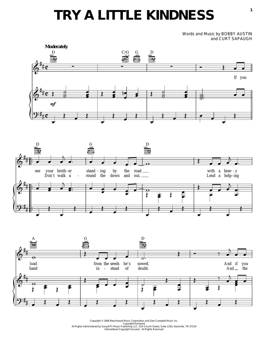 Try A Little Kindness Piano, Vocal, Guitar scores gallery preview page 1