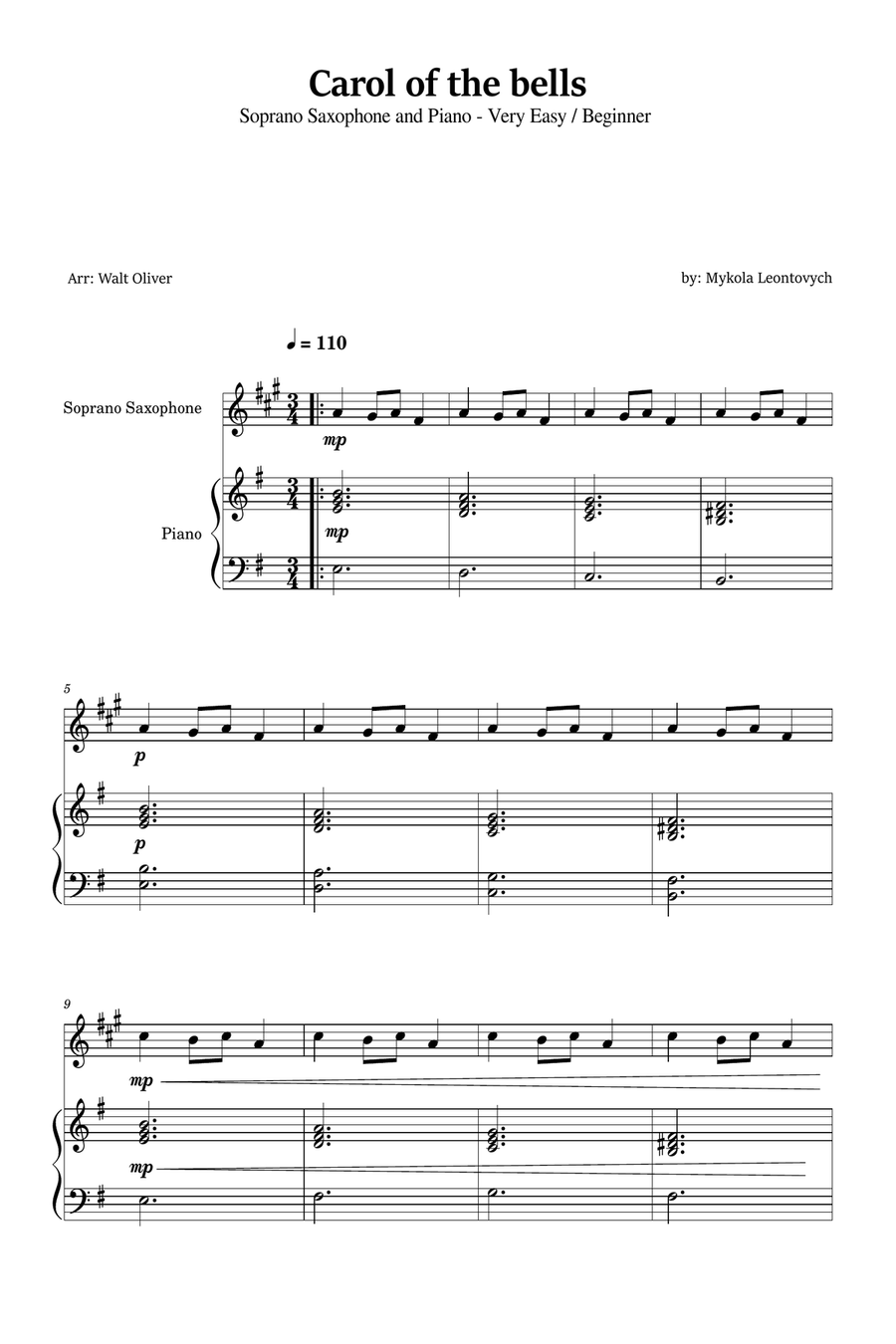 Carol of the Bells for Soprano Saxophone and Piano (Very Easy - Beginner) in E minor Soprano Saxophone scores gallery preview page 1