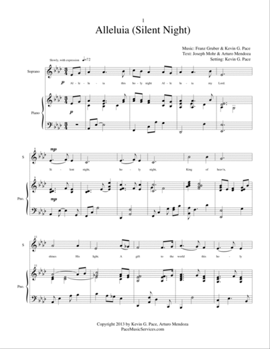 Alleluia (Silent Night) - vocal solo or duet for alto voice with piano accompaniment Alto Voice scores gallery preview page 2