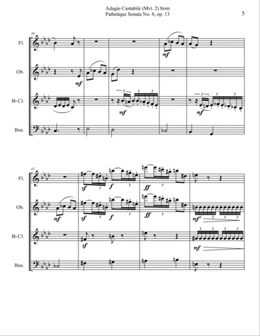Adagio Cantabile from Beethoven's Pathetique Sonata, for Woodwind Quartet Woodwind Quartet scores gallery preview page 5