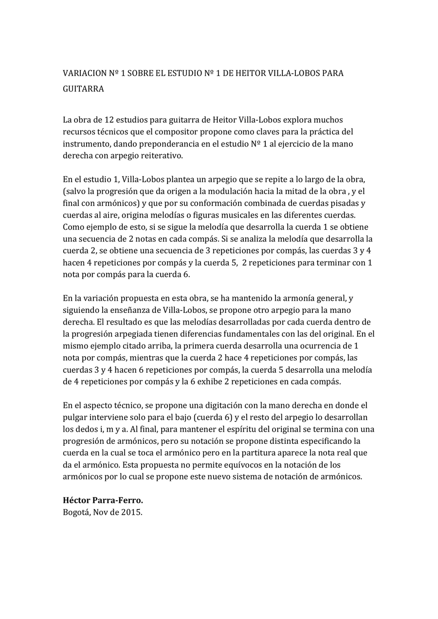 Variación Nº 1 sobre el estudio Nº 1 de Heitor Villa-Lobos para guitarra Classical Guitar scores gallery preview page 2