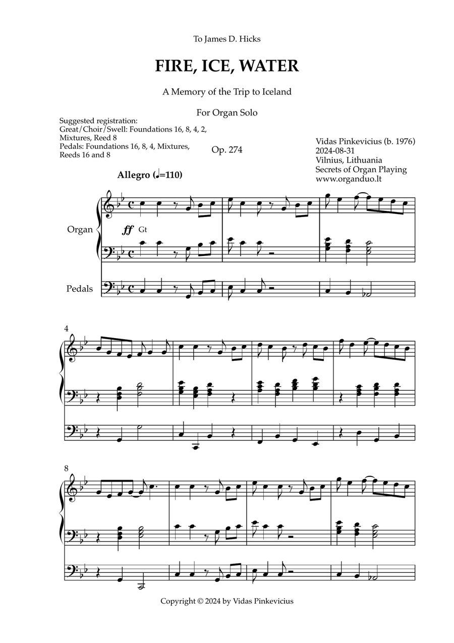 Fire, Ice, Water, Op. 274 (Organ Solo) by Vidas Pinkevicius (2024)