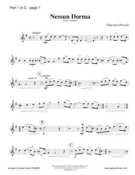 Nessun Dorma from Turandot for String Quartet or Wind Quartet (Mixed Quartet, Clarinet Quartet)