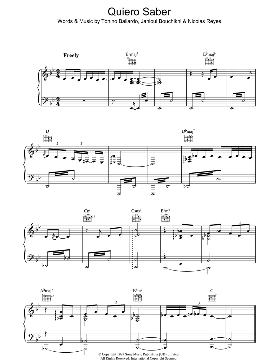 Quiero Saber Piano, Vocal, Guitar scores gallery preview page 1