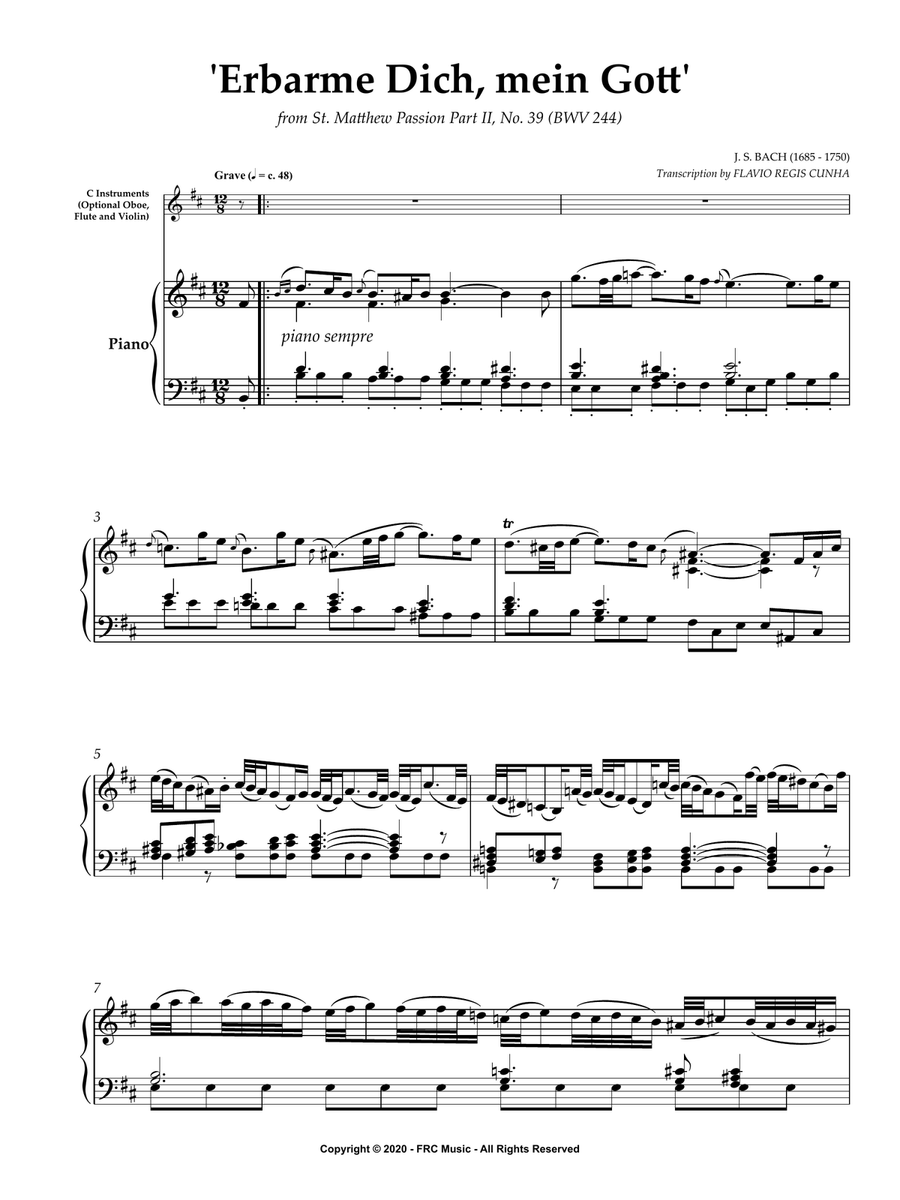 Bach: Erbarme dich mein Gott - Matthäuspassion - (for C instruments and Piano Accompaniment) Piano Accompaniment scores gallery preview page 3
