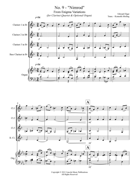 Elgar - Nimrod from Enigma Variations (for Clarinet Quartet) image number null