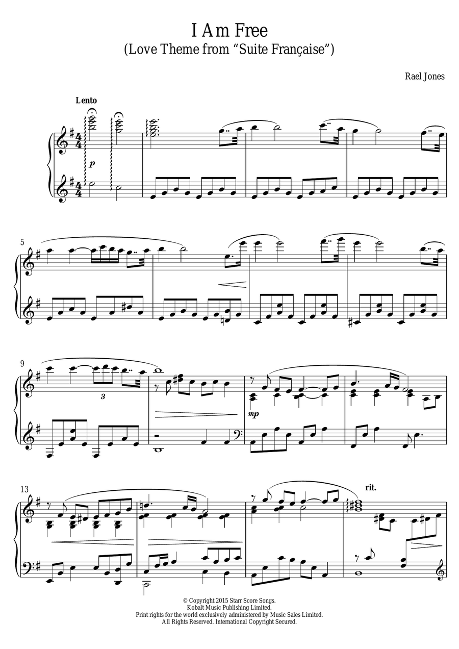 I Am Free (Love Theme from Suite Francaise) Piano Solo scores gallery preview page 1