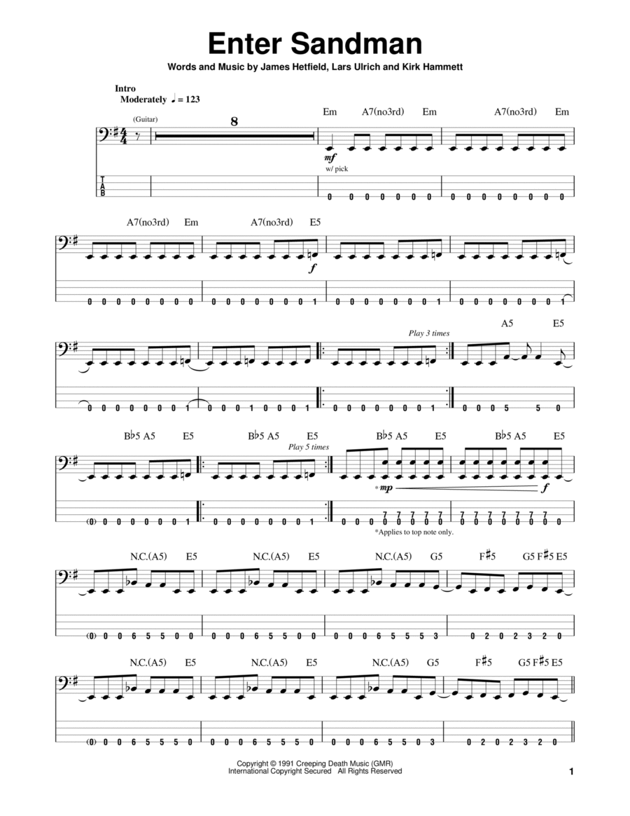 Enter Sandman Guitar Tablature scores gallery preview page 1