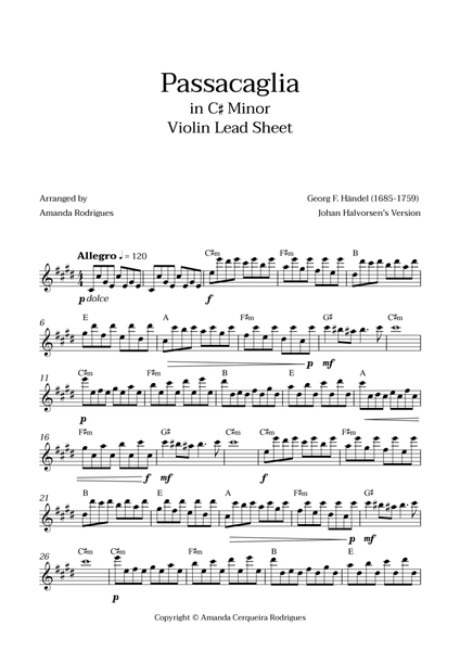 Passacaglia - Easy Violin Lead Sheet in C#m Minor (Johan Halvorsen's Version) image number null