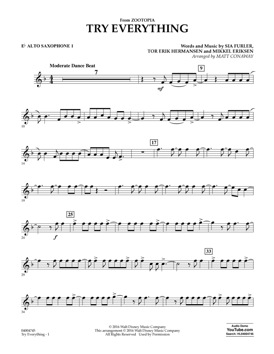 Try Everything (from Zootopia) - Eb Alto Saxophone 1 Alto Saxophone scores gallery preview page 1