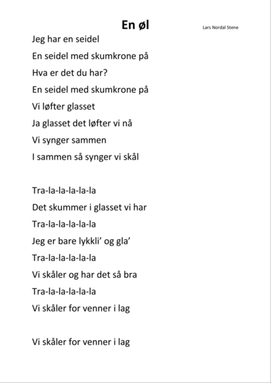 Ein Maß : norsk - En øl - for oktoberfest-orkester med sang-tekst (2min30sek) Piano, Vocal, Guitar scores gallery preview page 1