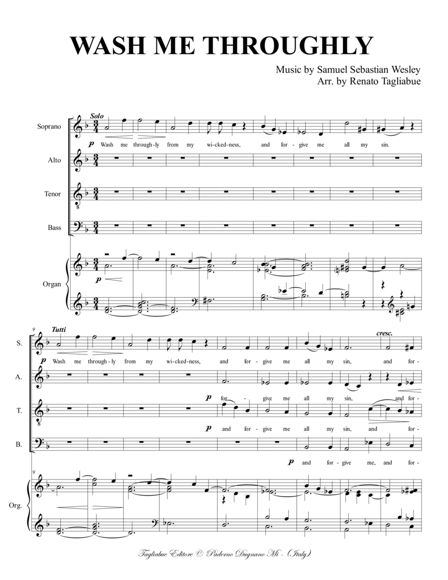 WASH ME THROUGHLY - Wesley - For SATB Choir and Organ 4-Part scores gallery preview page 1