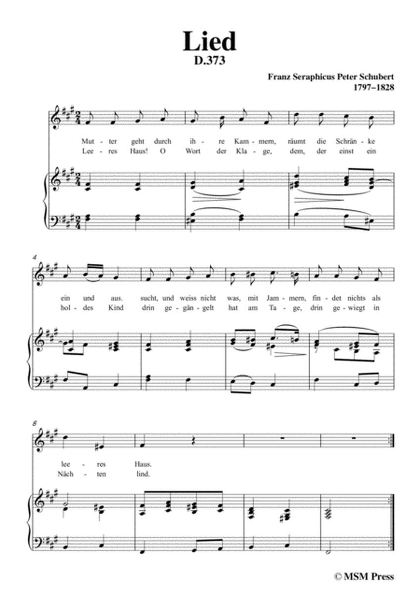 Schubert-Lied(Mutter geht durch ihre Kammern),D.373,in f sharp minor,for Voice&Piano image number null