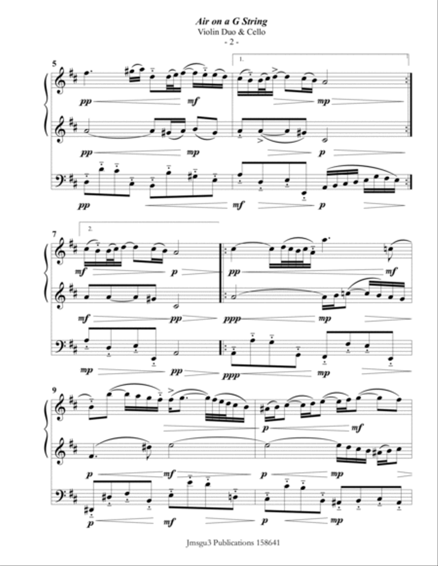 Bach: Air on a G String for 2 Violins & Cello Cello scores gallery preview page 2