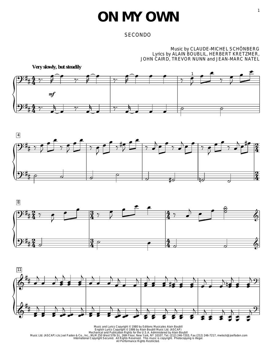 On My Own (from Les Miserables) Piano Duet scores gallery preview page 1