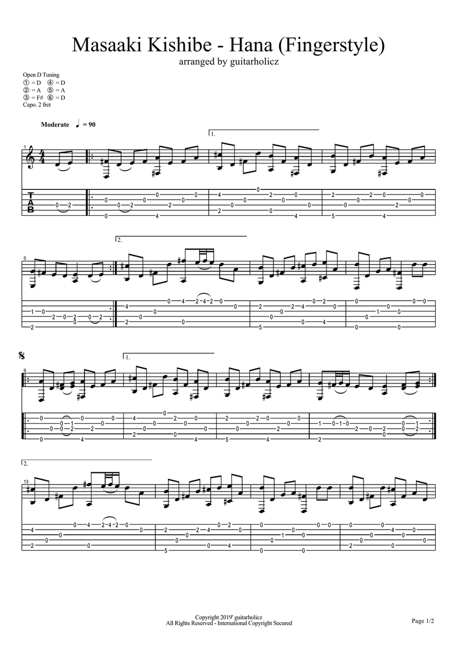Masaaki Kishibe - Hana (岸部真明 - 花) (Guitar Fingerstyle) Acoustic Guitar scores gallery preview page 1