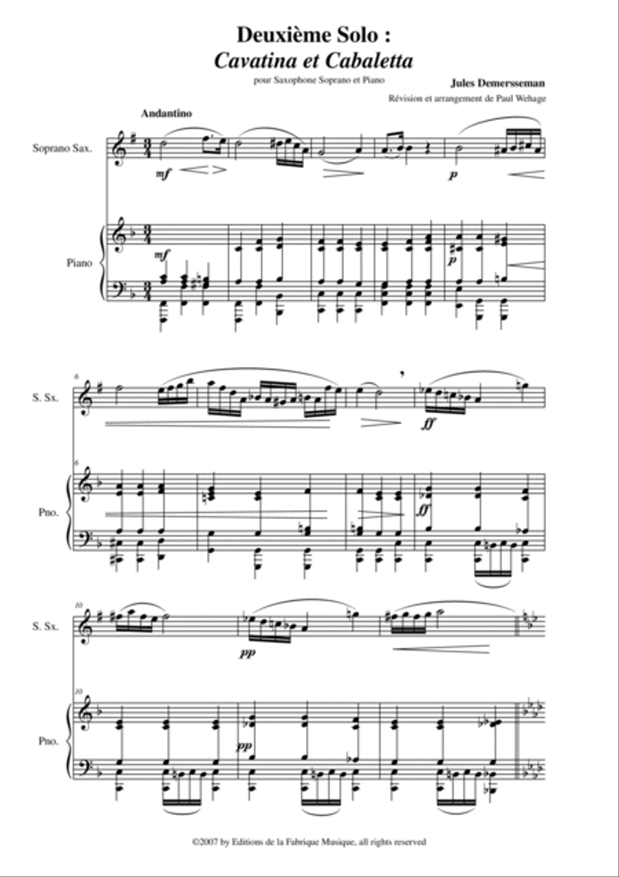Jules Demersseman : Deuxième Solo : Cavatina et Cabaletta for soprano saxophone in Bb and piano Woodwind Duet scores gallery preview page 2