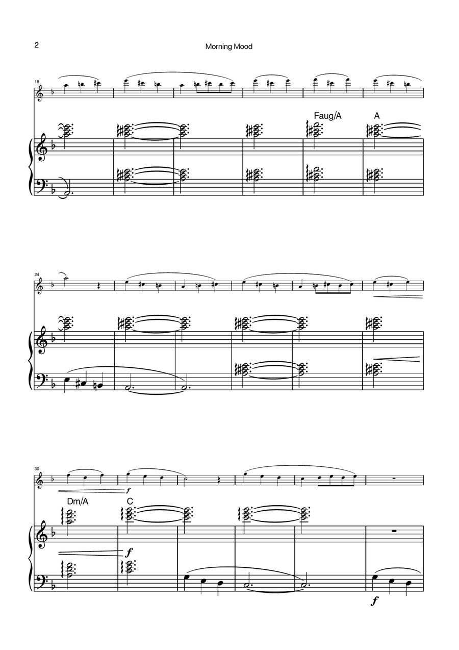 Morning Mood by Grieg for Flute with Piano and Chords Chamber Music scores gallery preview page 2
