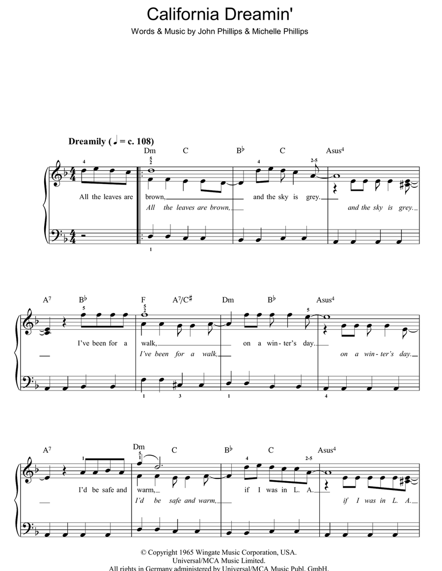 California Dreamin' Easy Piano scores gallery preview page 1