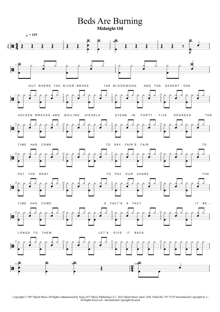 Beds Are Burning Drum Set scores gallery preview page 1
