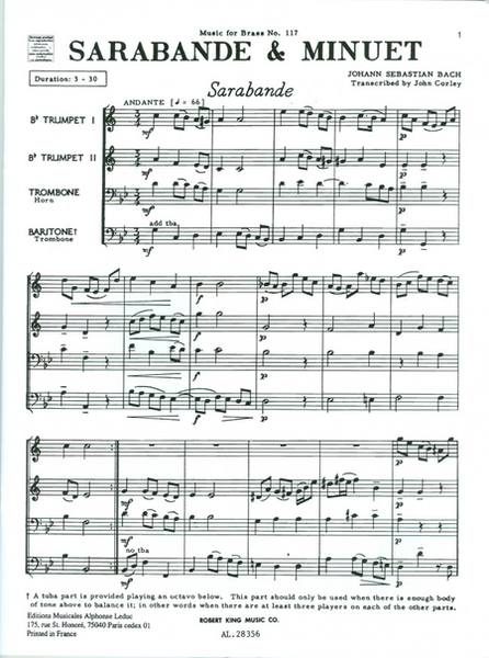 Sarabande And Menuet - Brass Quartet