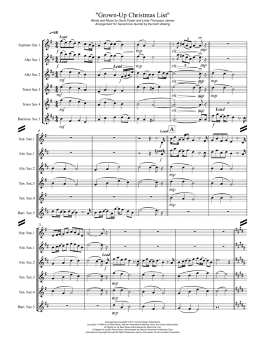 Grown-Up Christmas List Saxophone Quintet scores gallery preview page 2