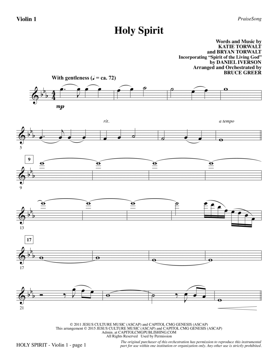 Holy Spirit - Violin 1 Choir scores gallery preview page 1