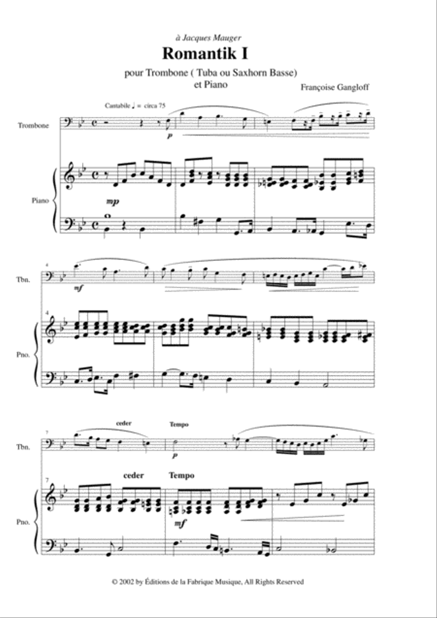 Françoise Gangloff: Romantik 1 for trombone (tuba or saxhorn) and piano Brass Duet scores gallery preview page 2