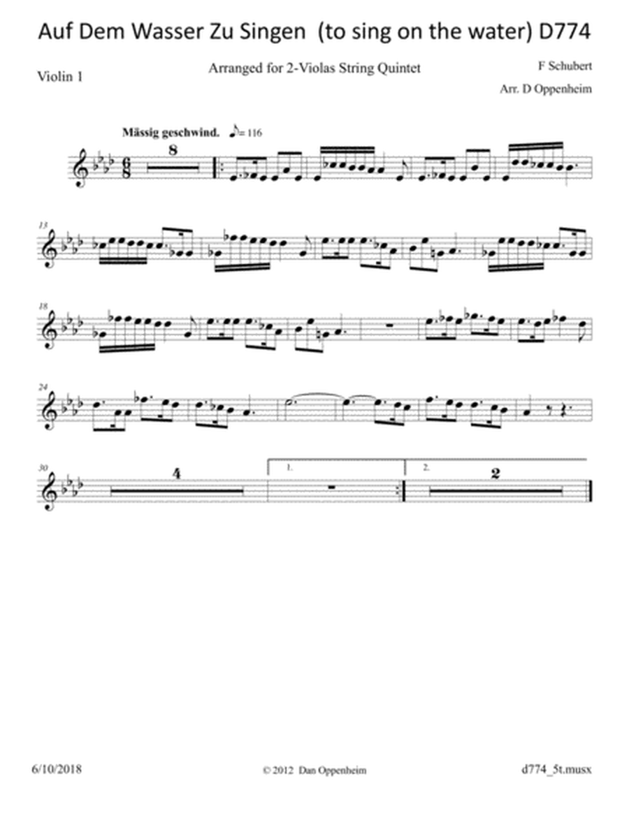 Schubert: Auf Dem Wasser Zu Singen (to sing on the water) D774, Arranged for 2-Violas String Quinte image number null