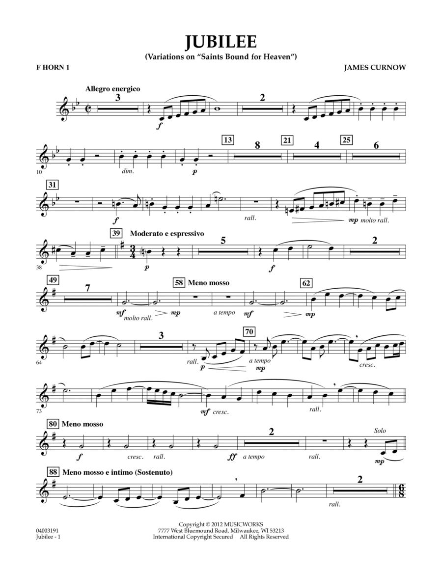 Jubilee (Variations On "Saints Bound for Heaven") - F Horn 1