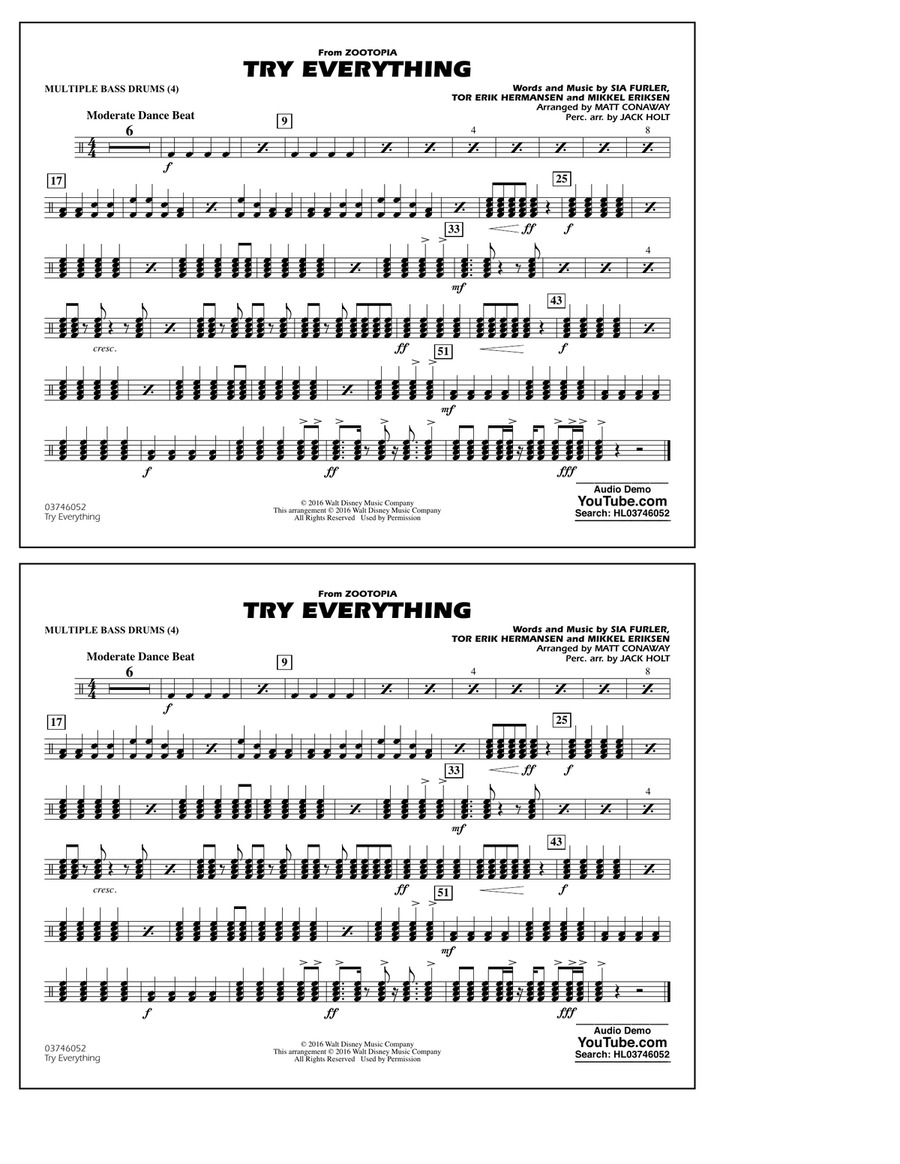 Try Everything (from Zootopia) - Multiple Bass Drums Marching Band scores gallery preview page 1