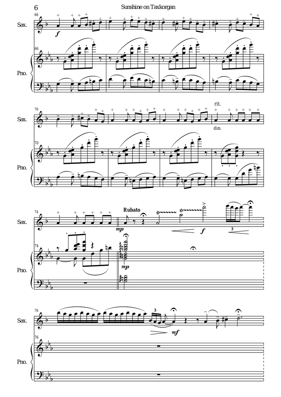 Sunshine on Taxkorgan - Sunshine on Tashkurgan, for saxophone and piano (Score + Solo part) Woodwind Duet scores gallery preview page 6