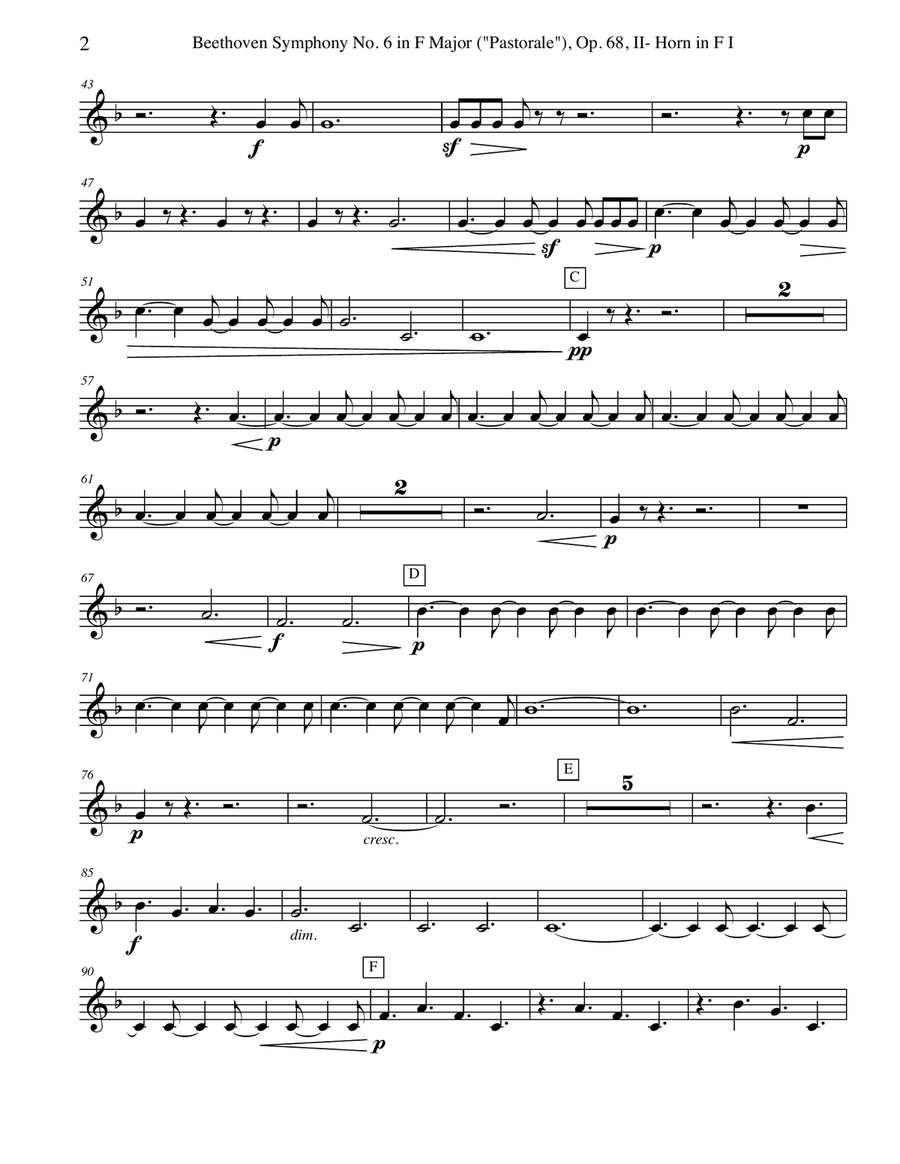 Beethoven Symphony No. 6, Pastorale, Movement II - Horn in F 1 (Transposed Part), Op. 68 Horn Solo scores gallery preview page 2
