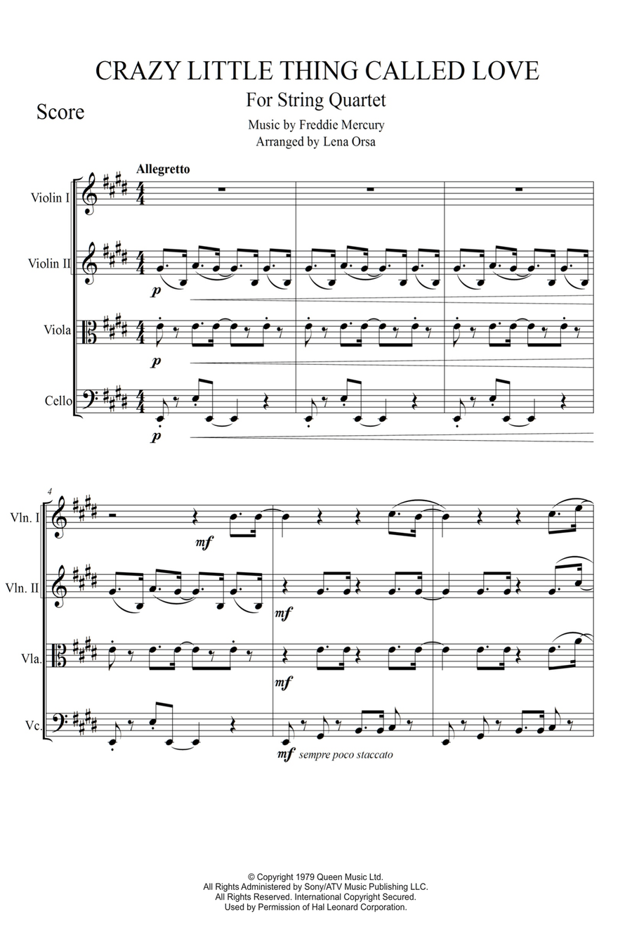 Crazy Little Thing Called Love String Quartet scores gallery preview page 1