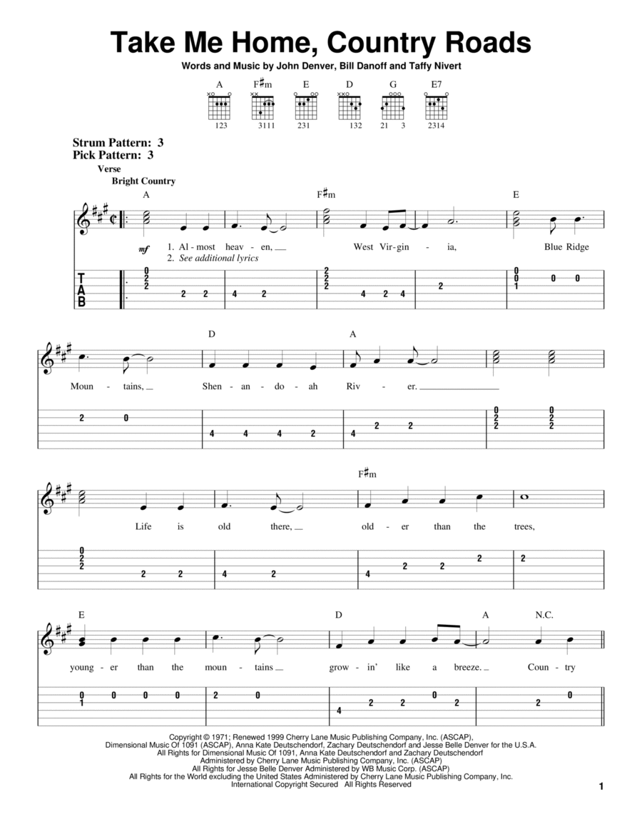 Country Roads, Take Me Home Acoustic Guitar scores gallery preview page 1