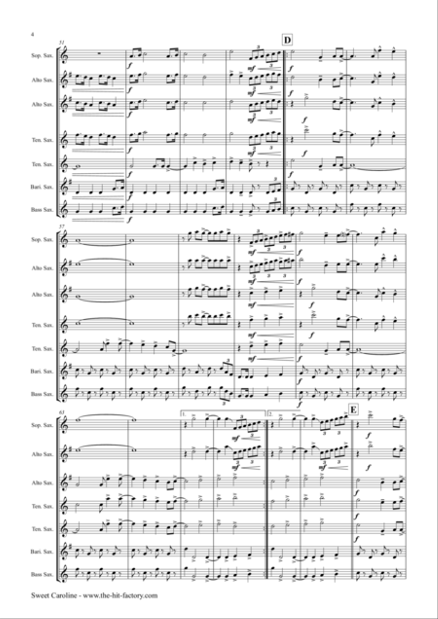 Sweet Caroline Saxophone Quintet scores gallery preview page 4