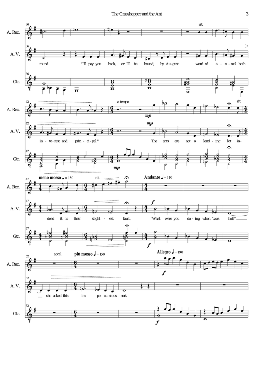 The grasshopper and the ant for alto voice, alto recorder and guitar Small Ensemble scores gallery preview page 3
