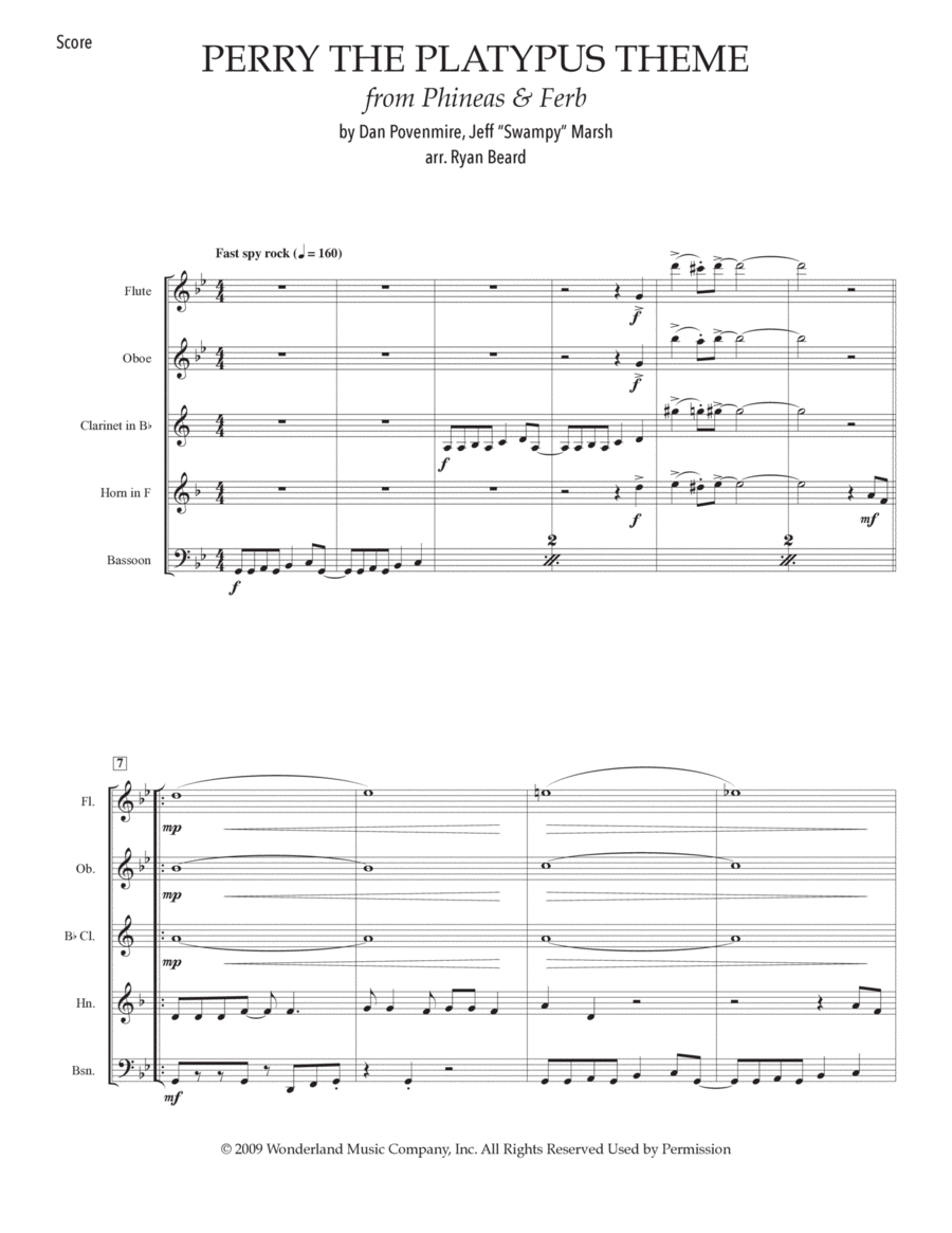 Perry The Platypus Theme Woodwind Quintet scores gallery preview page 1